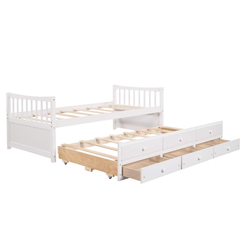 Twin Size Daybed with Pull-Out Trundle & 3 Storage Drawers, Solid Wood Captains Bed Frame for Kids Guests, No Box Spring Needed