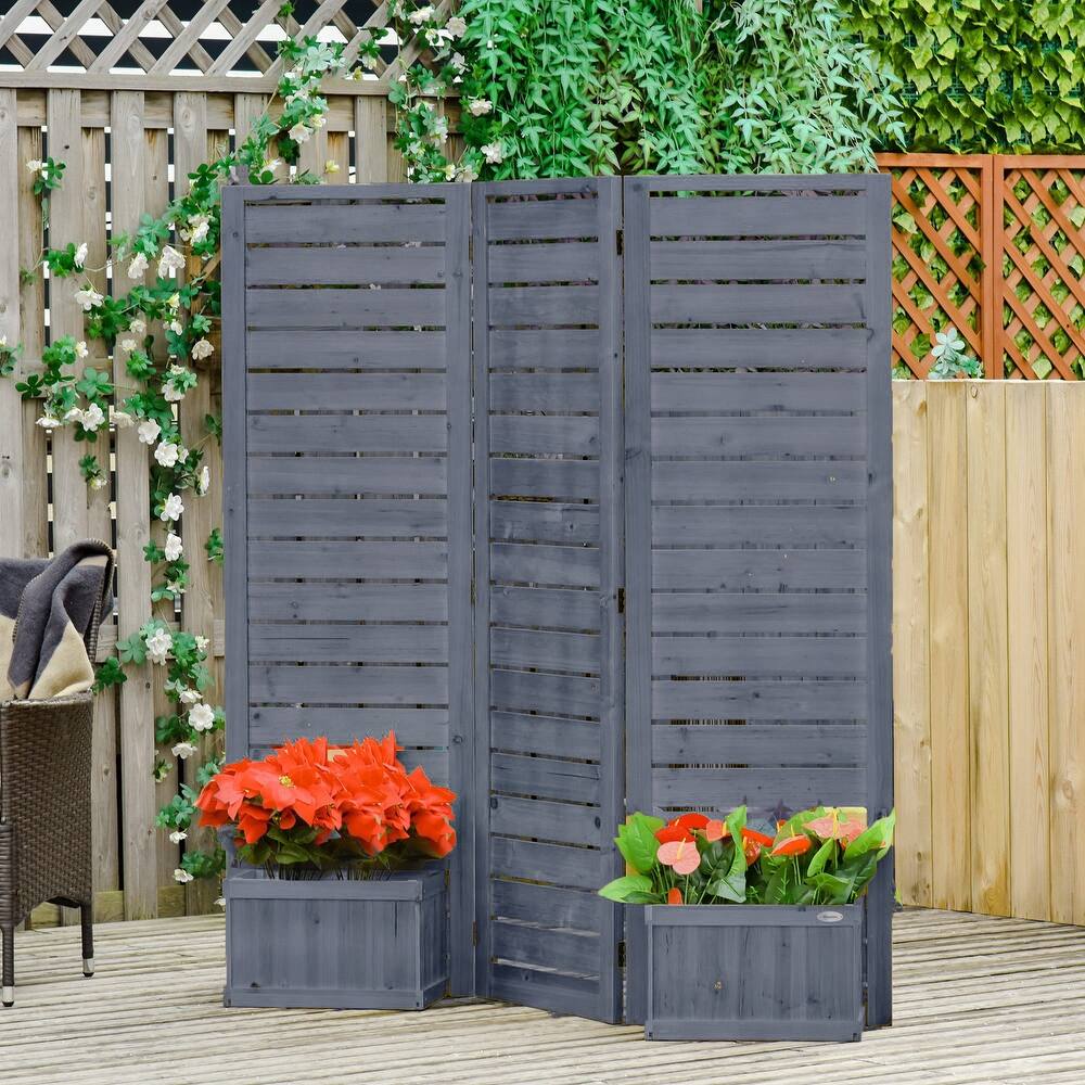 Outsunny Freestanding Outdoor Privacy Screen, 4 Self-Draining Planters / Raised Garden Beds, 3 Hinged Panels