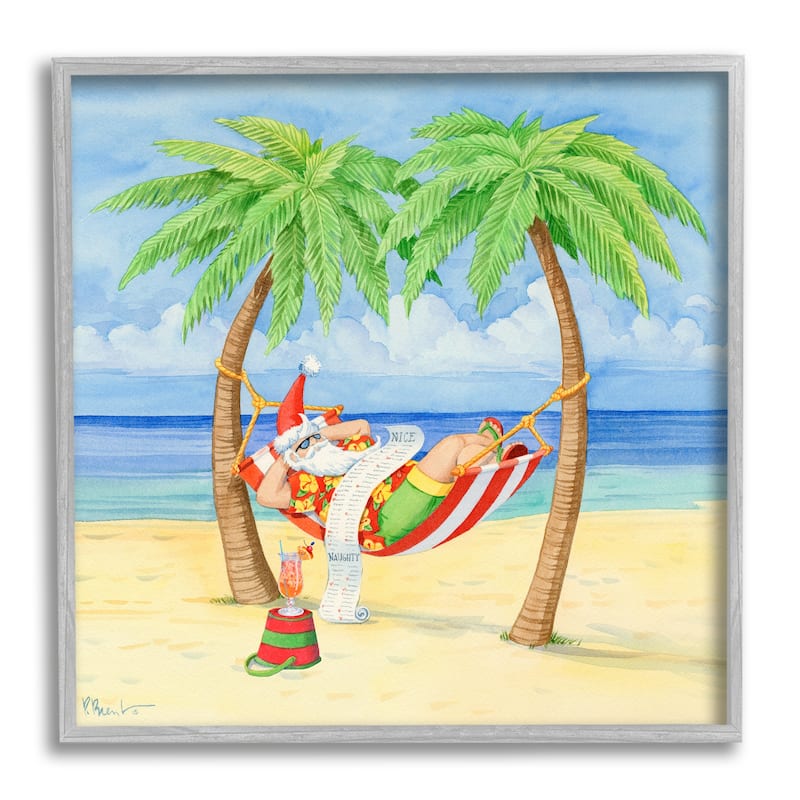 Stupell Santa on Beach Hammock Framed Giclee Art Design by Paul Brent - 12 x 12 - Grey