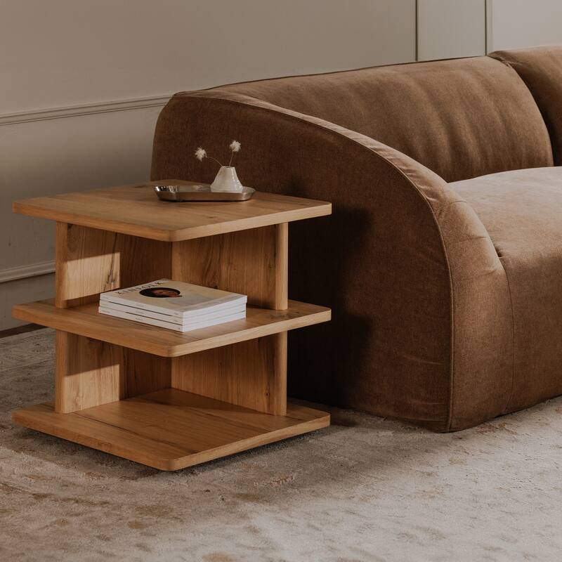 NADAAL STUDIOS Thalor Side Table, Square Dark Oak Top with Rounded Edge Shelves, Solid Oak Detail, Dark Brown