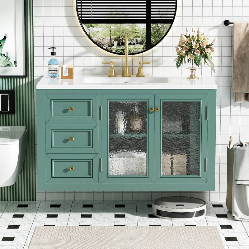 36" Wall Mounted Bathroom Vanity with Ceramic Sink, 3 Drawers