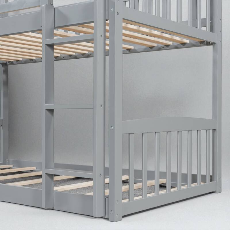Twin Over Twin House Bunk Bed with Slide, Solid Wood Kids Bunk Bed with Guardrails and Ladder, No Box Spring Needed
