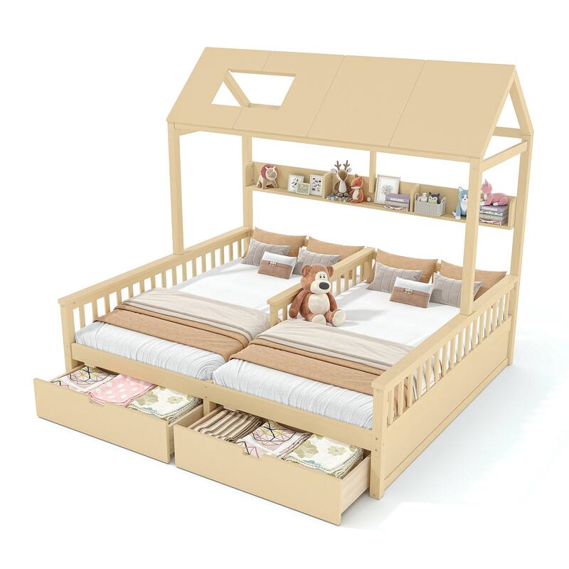 Double Twin Platform Bed with Storage Shelves and Drawers, House Platform Bed with Support Slats, Childlike
