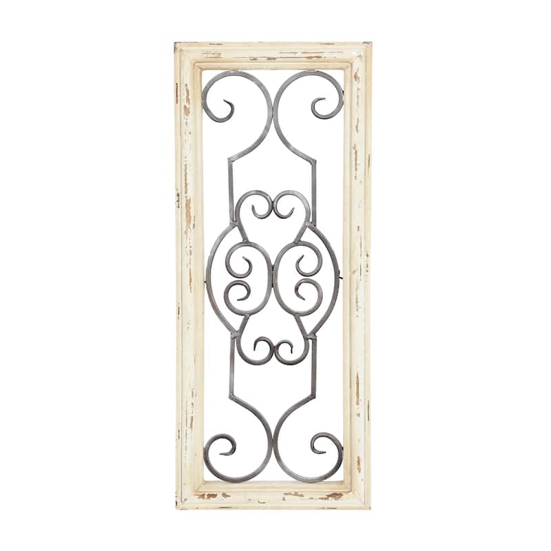 Wood Scroll Small Panel Home Wall Decor with Black Metal Scrollwork - White - Roche River Decor - White
