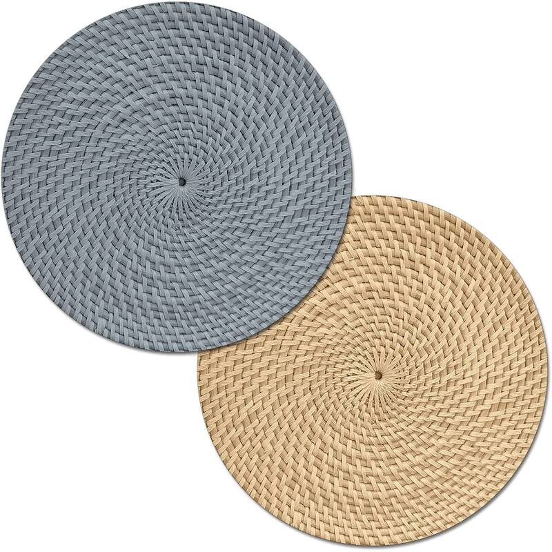 CounterArt Grey and Natural Basket Weave Design Round Reversible Easy Care Plastic Placemat Set of 4 Made in The USA - Set of 4