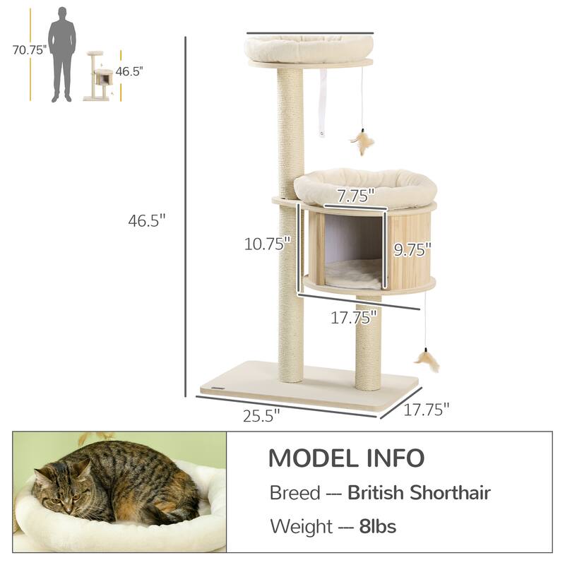 3-Level Cat Tree with Sisal Scratching Posts, Fun Cat Badminton Toy for Playing, Soft Cushions, & Play Areas - Natural