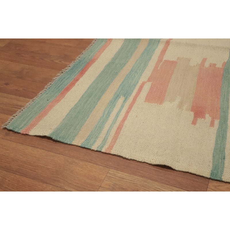 Hand Woven Oriental 100% Wool Carpet Southwestern Tribal Beige & Ivories Kilim Area Rug - 5' 8'' X 3' 10''