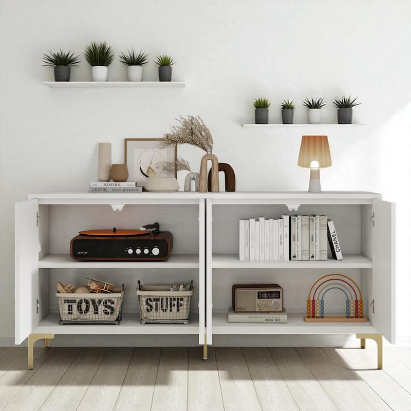 Modern 4-Door Sideboard with Carved Texture, Adjustable Shelves, Wood Veneer & High Gloss Finish