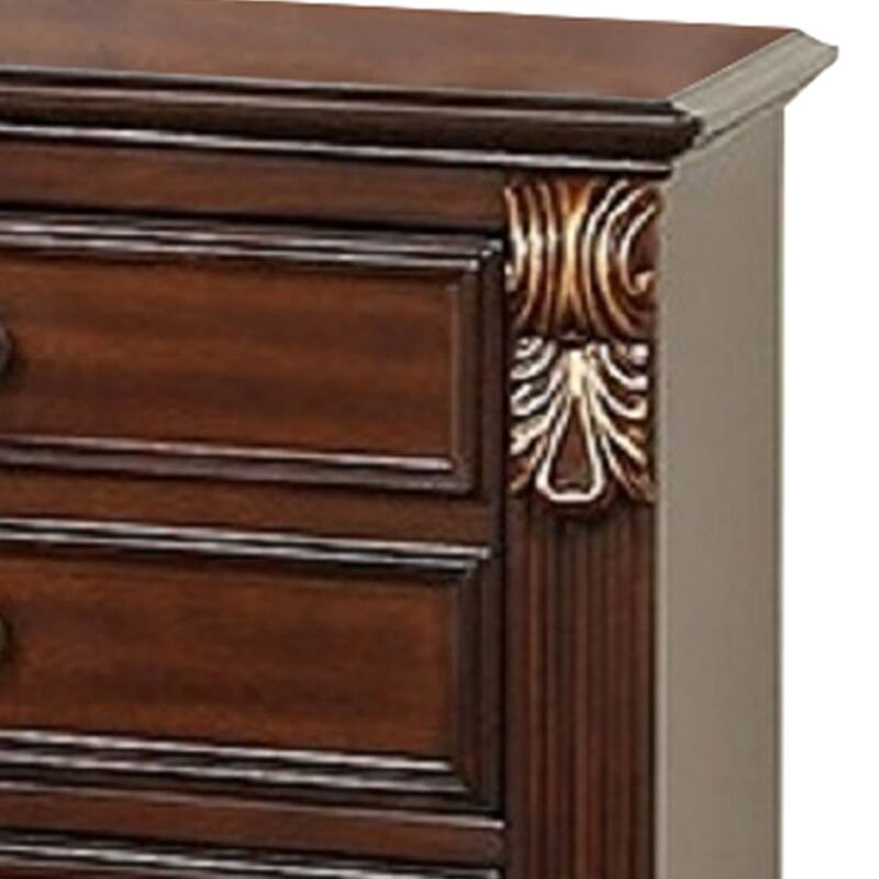 Miri 25 Inch 3 Drawer Nightstand, Brass Carved Accents, Cherry Oak Brown