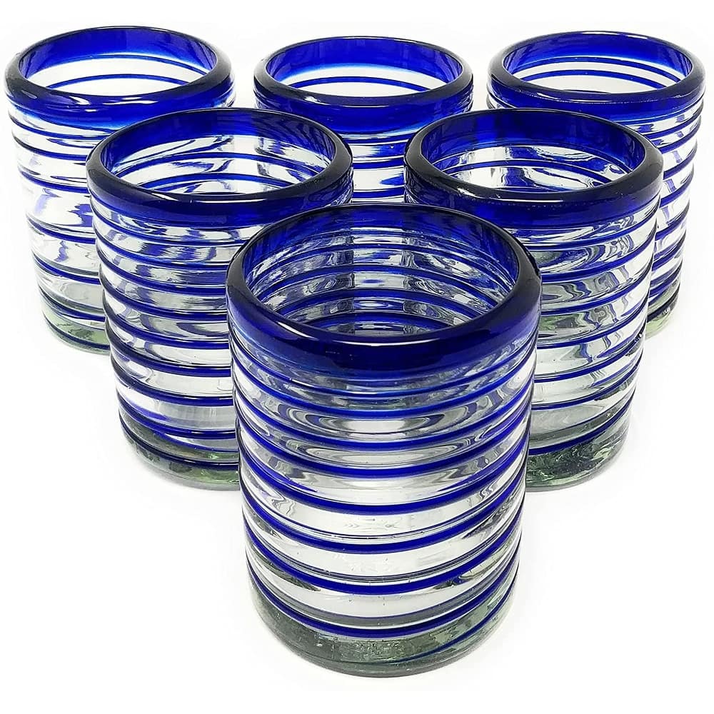 Dos Sueños Hand Blown Mexican Drinking Glasses - Set of 6 Tumbler Glasses with Blue Spiral Design (10 oz each)