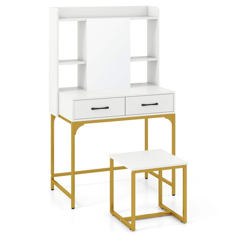White Engineered Wood Vanity Table Set with Mirror, Charging Ports and Storage Drawers - 32.5" x 19.5" x 54"