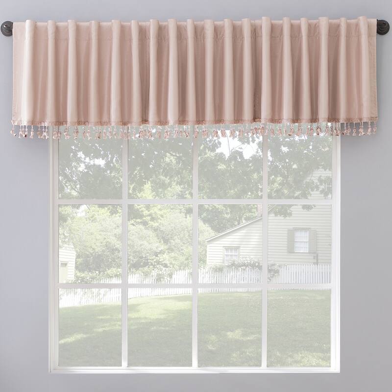 Sun Zero Evelina Faux Dupioni Silk Beaded Tassels Thermal Extreme Total Blackout Back Tab Curtain Valance - 50" x 17" - Blush Pink