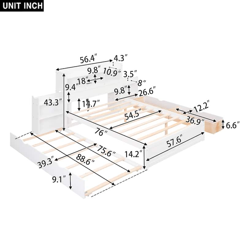 Full Size Storage Platform Bed with Pull Out Shelves, Twin Size Trundle and 2 Drawers, White - N/A