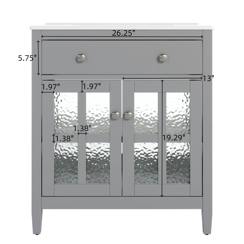 30" Vanity with Ceramic Sink, Equipped with Adjustable Shelf and Tip-Out Tray,with Solid Wood Legs,Metal Knobs and Close Hinges