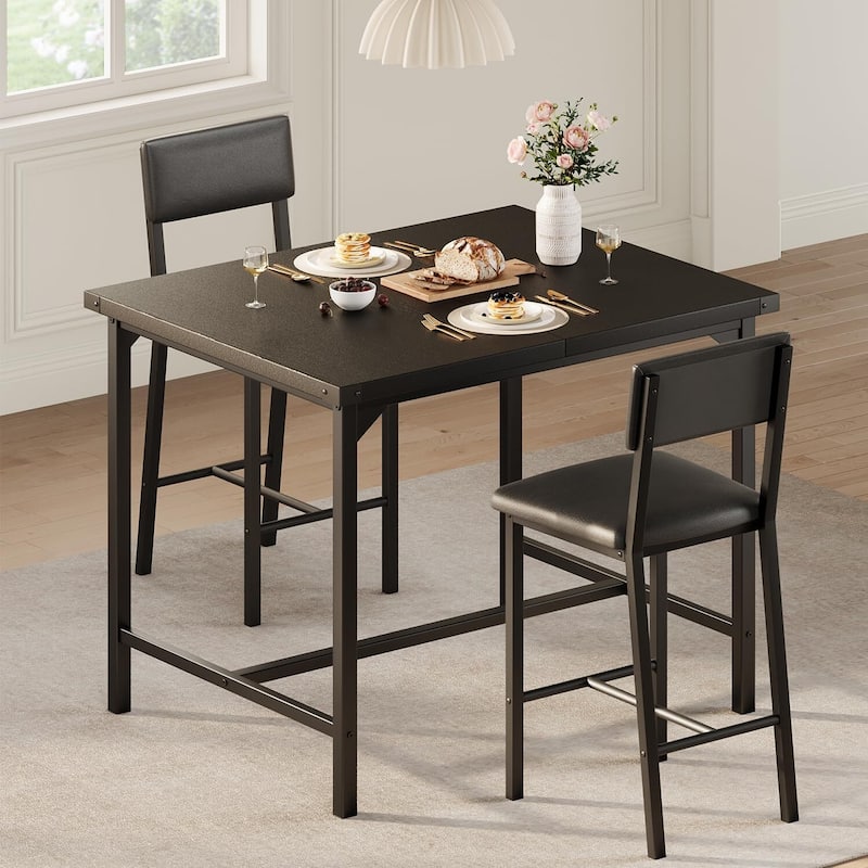 Counter Height Kitchen Dining Table Set with 2 Upholstered Bar Stools for Dining Room - Black