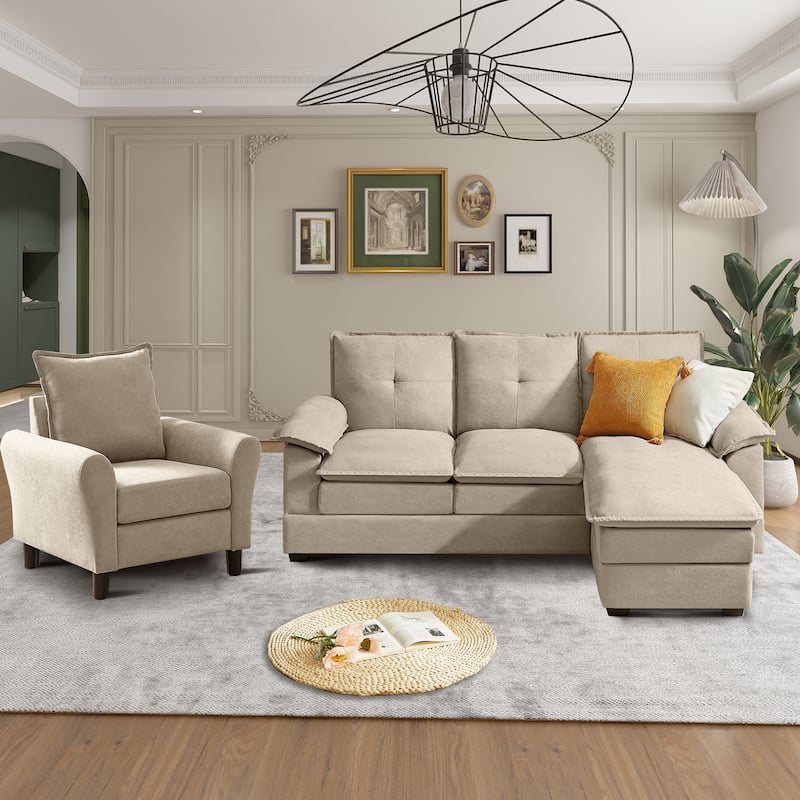 3-Piece Living Room Sectional Sofa Set with Chair and Ottoman - Beige