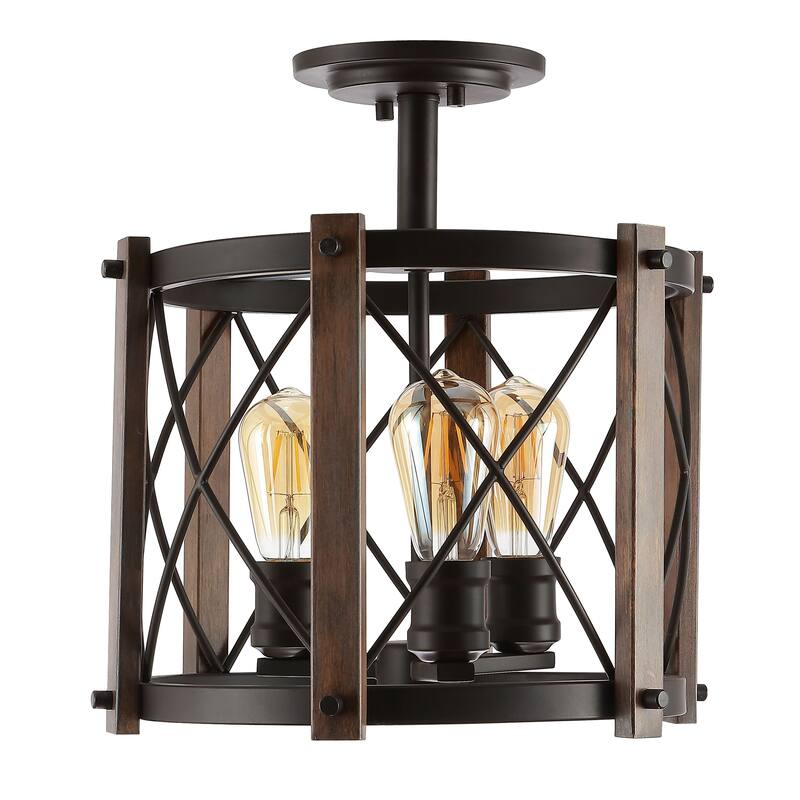Ciel 14" 3-Light Iron Rustic Farmhouse LED Flush Mount, Brown/Oil Rubbed Bronze by JONATHAN Y