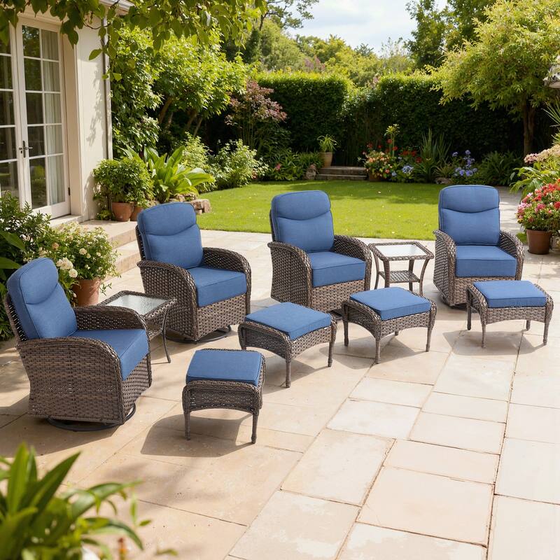 Meyreso 10-Piece Wicker Patio Swivel Glider Set with 6-Inch Thick Cushions and Ottomans - Brown Wicker - Navy Blue Cushions