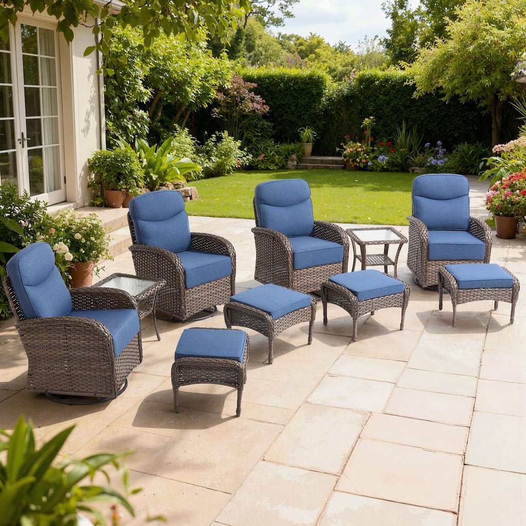 Meyreso 10-Piece Wicker Patio Swivel Glider Set with 6-Inch Thick Cushions and Ottomans