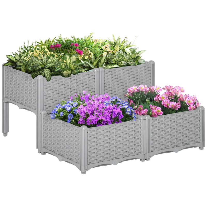 Outsunny 4-Piece Rattan Raised Garden Beds Outdoor Planter Boxes with Different Stacking Arrangements, Self-Watering Design