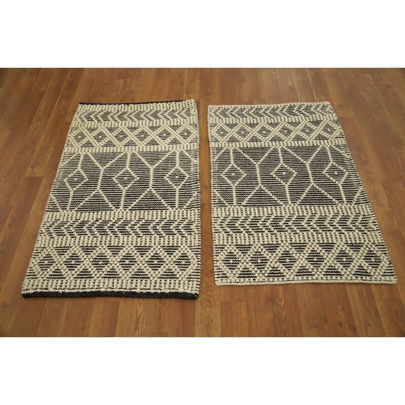Hand Knotted Oriental 100% Wool Carpet Modern Geometric Greys & Charcoal Modern Gotti Design Area Rug - 3' 1'' X 2' 0''