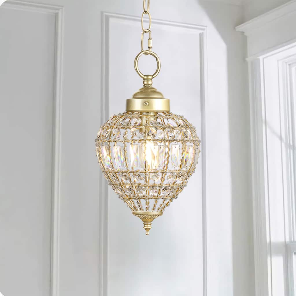 Satin Gold Beaded Clear Crystal 1 Light Island Pendant 9" Chandelier - 7" Wide x 9" Height