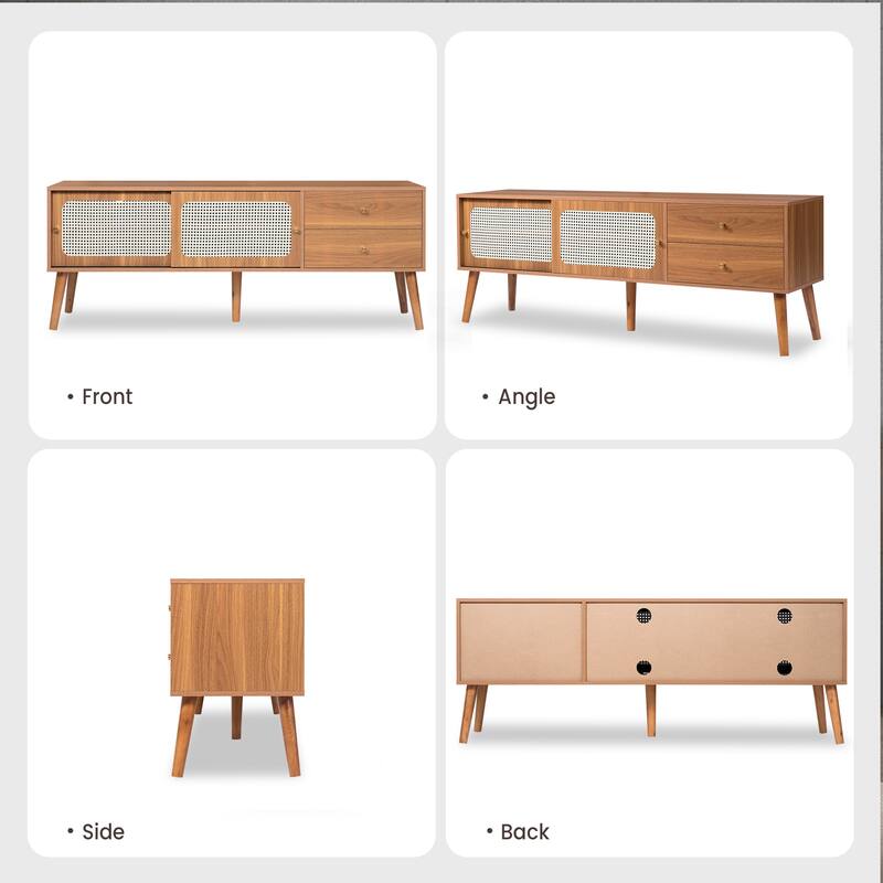 62.9"W Mid-Century TV Stand with Sliding Doors & Drawers, Entertainment Center TV Console Table with Rattan Doors, For 70"TV