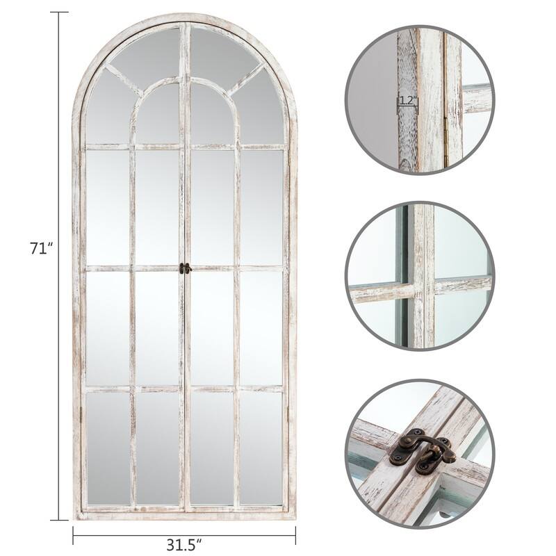 Classic Arched Solid Wood Solid Wood Window Pane Full Length Mirror Arched Top Rectangle Freestanding - 71"x31"