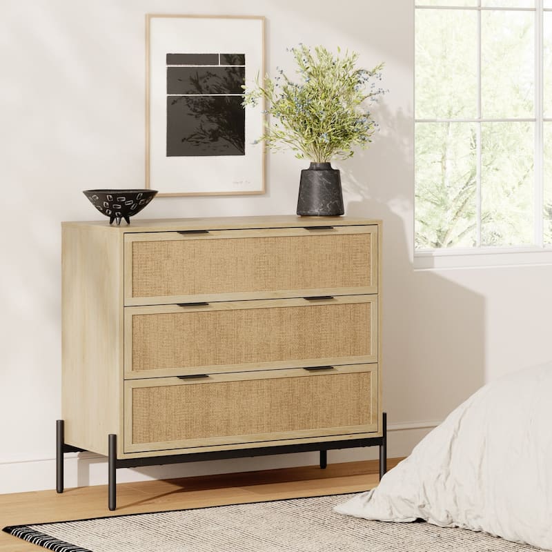 Andrew 3-Drawer Rattan Dresser or Bohemian Living Room Storage Cabinet with Natural Rattan Accent and Metal Legs - Light Oak Single