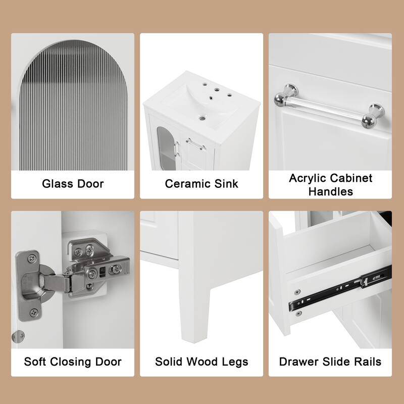 Roomfitters 24" Bathroom Vanity with Sink, Solid Wood Frame & Moru Glass Door, 2 Drawers & Adjustable Shelf