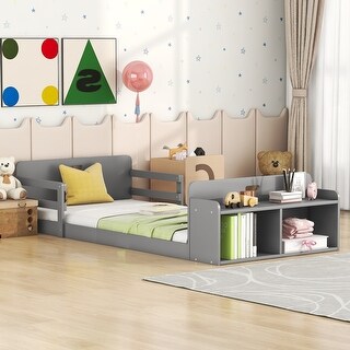Twin Floor Bed with Storage Footboard & Guardrails - Pine Wood Construction