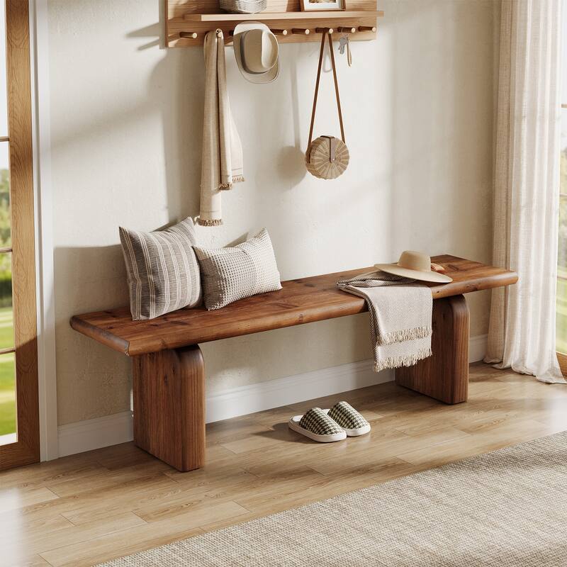 63 Inch Solid Wood Entryway Shoe Bench, Indoor Wood Bench for Bedroom, Hallway, Dining Room, Farmhouse Style