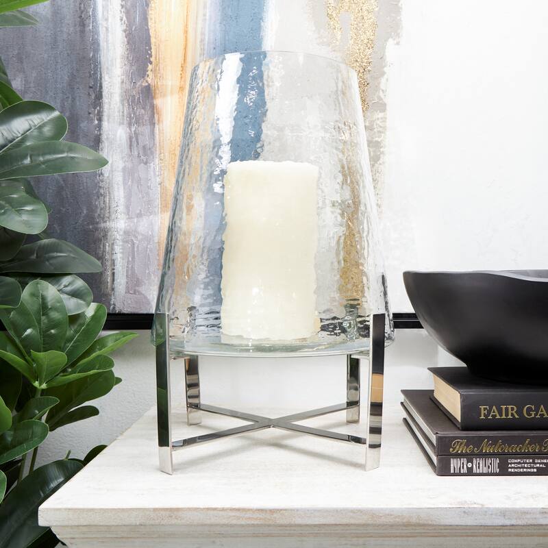 Clear Stainless Steel Metal Hurricane Lamp with Stainless Steel X Shaped Base - Clear - 10"W, 16"H