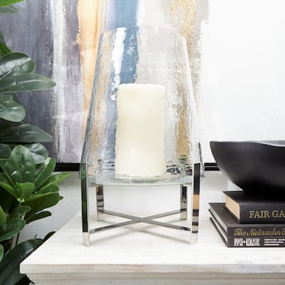 Clear Stainless Steel Metal Hurricane Lamp with Stainless Steel X Shaped Base
