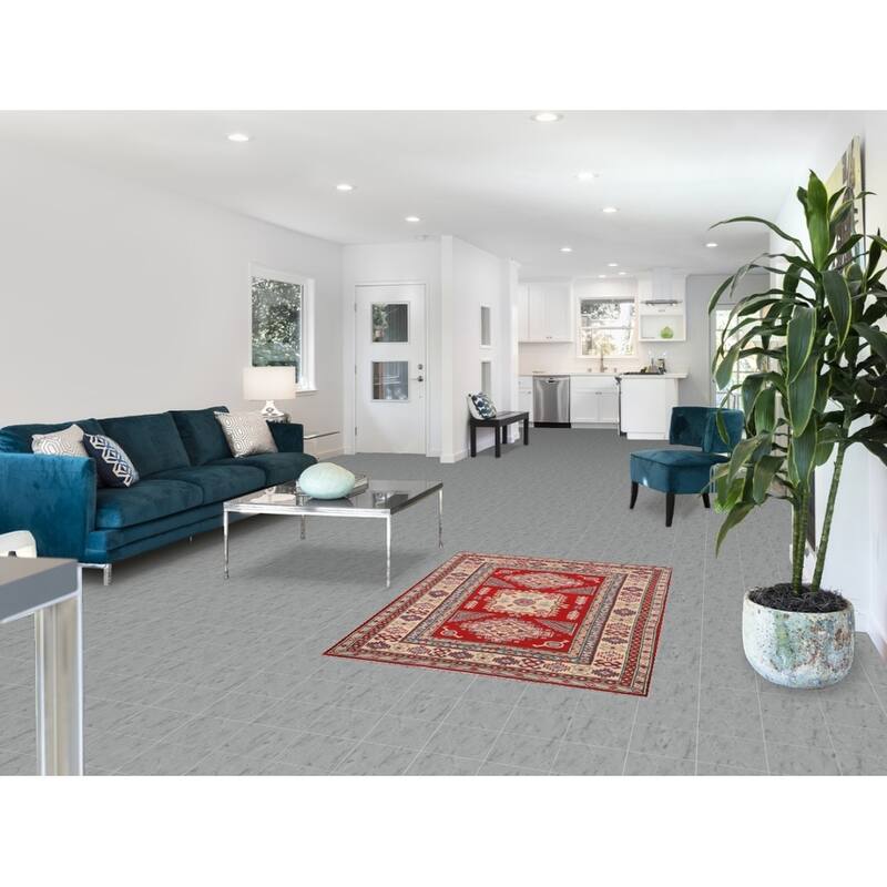 Red Geometric Kazak Accent Rug Hand-Knotted Wool Carpet - 3'4" x 4'11"