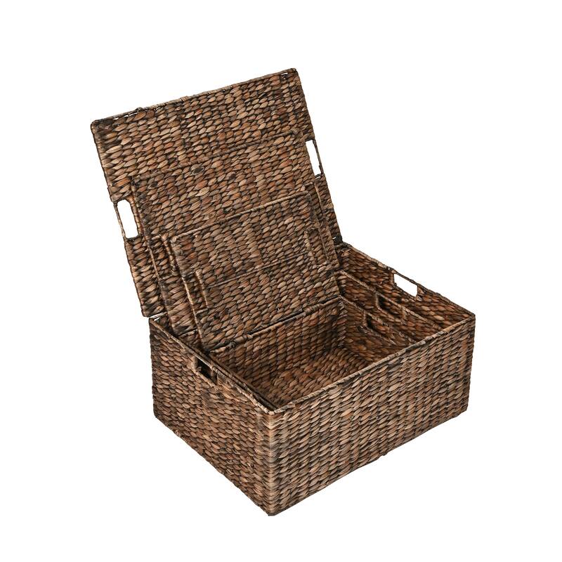 Woven Rectangular Storage Baskets with Lids & Handles (Set of 3)