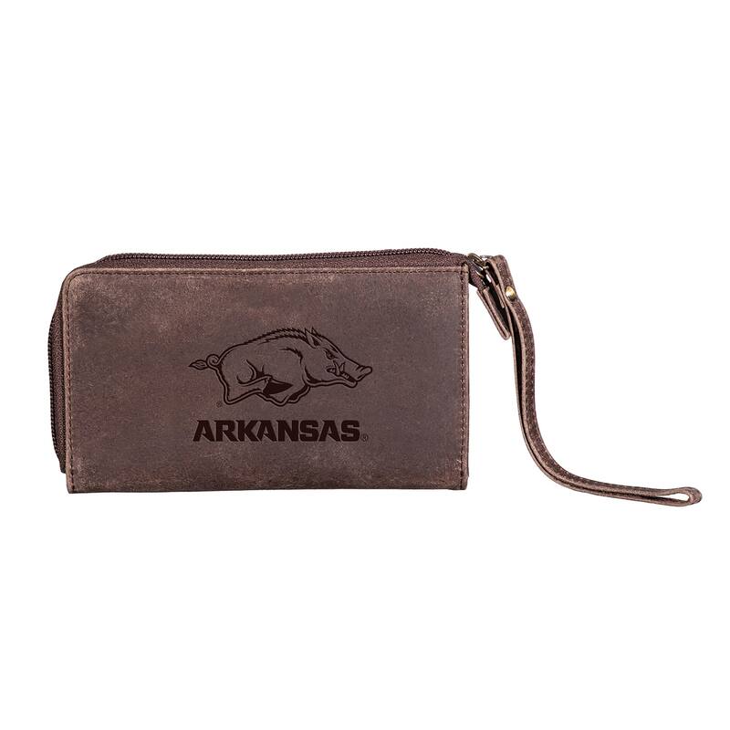 Brown Leather Cell Phone Wristlet Wallet, University of Arkansas - 4" x 7"