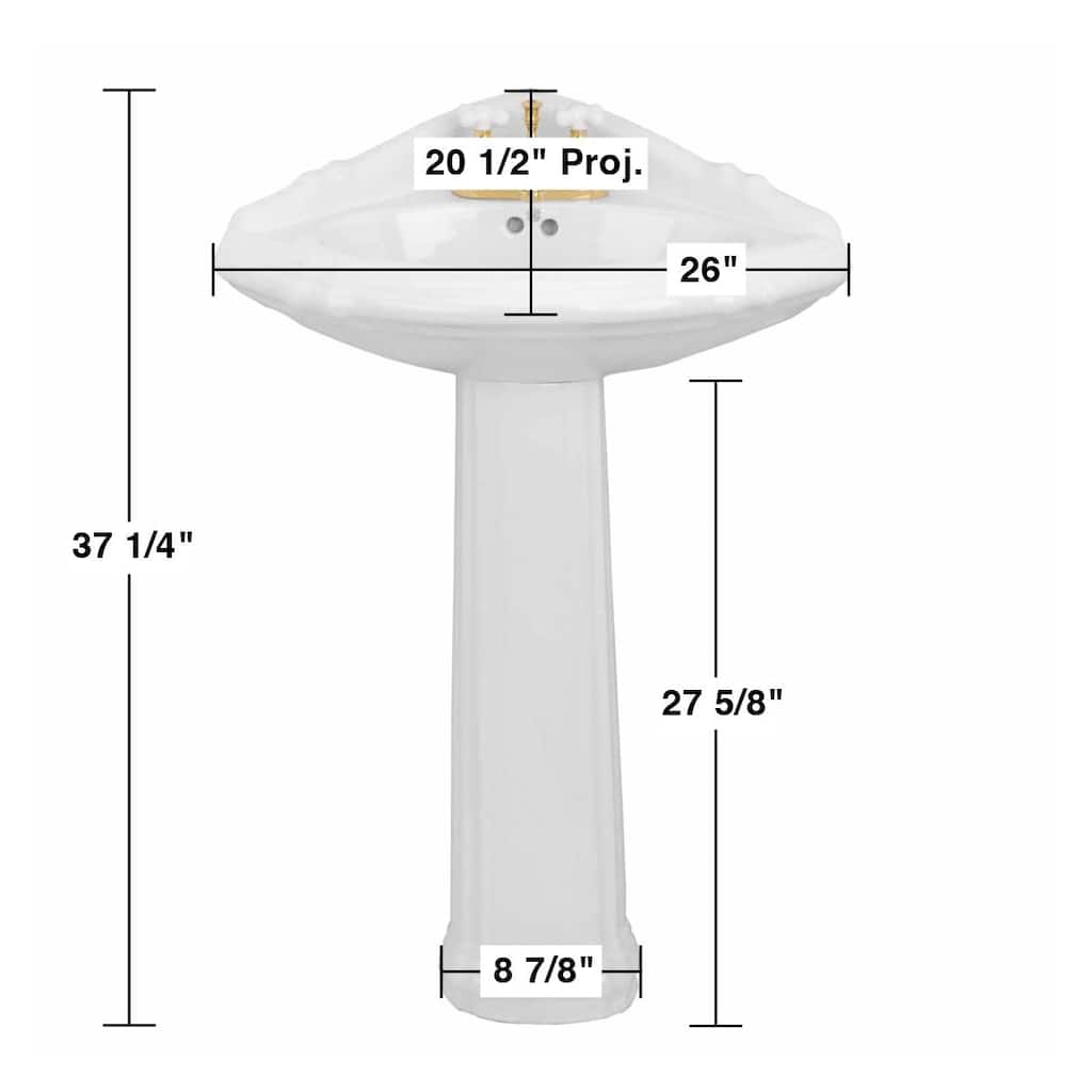 White Corner Bathroom Pedestal Sink Sheffield 26" with 4" Chrome Centerset Faucet, Drain, P-Trap and Overflow Renovators Supply