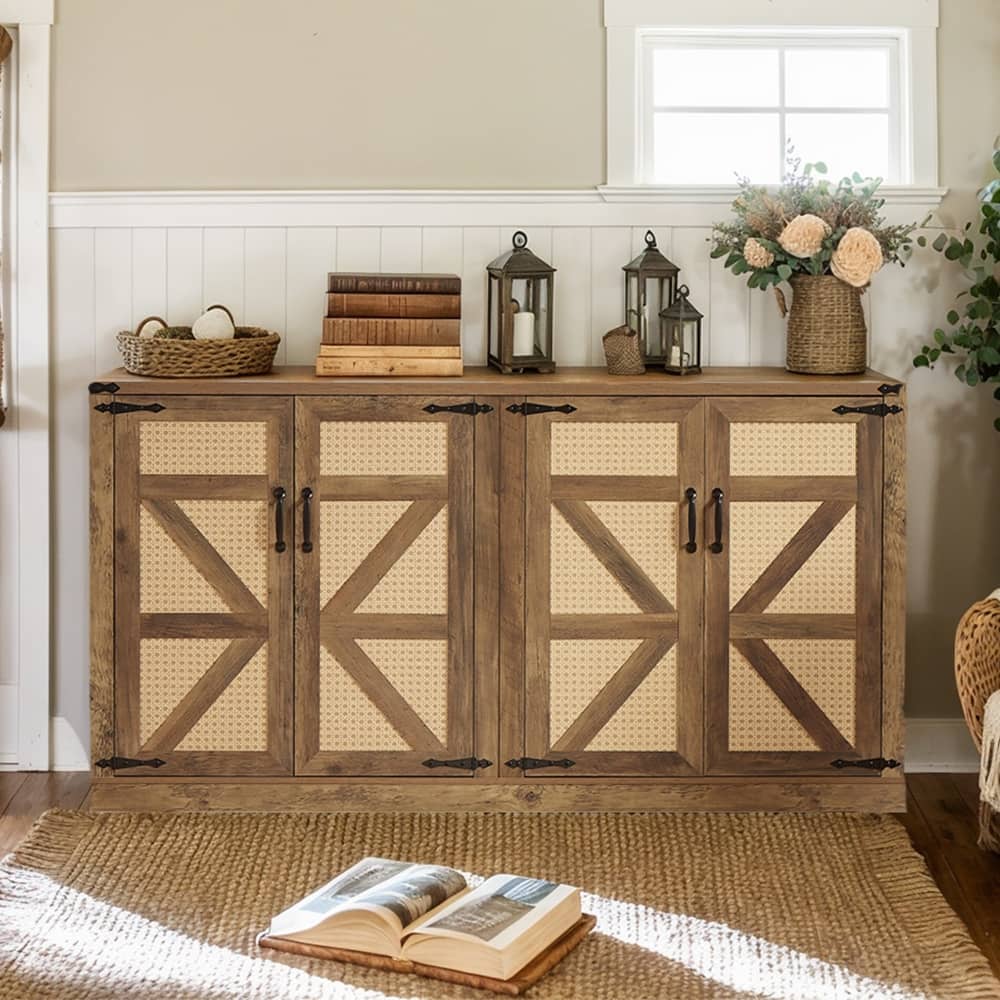 Farmhouse Buffet Cabinet, 65" Sideboard Buffet Cabinet, Rattan Storage Cabinet with 4 Doors - 64.96L*15.75W*34.05H