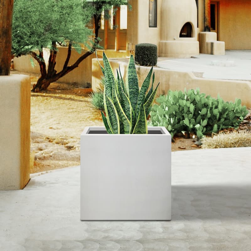Plantara 12" L Square Solid White Concrete Plant pot, Modern Planter, Outdoor Garden Flower pot for with Drainage Hole