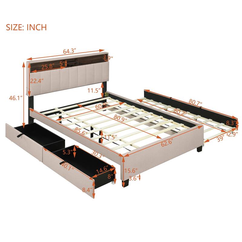 Queen Size Upholstered Platform Bed with Storage Headboard,Twin XL Size Trundle and 2 drawers
