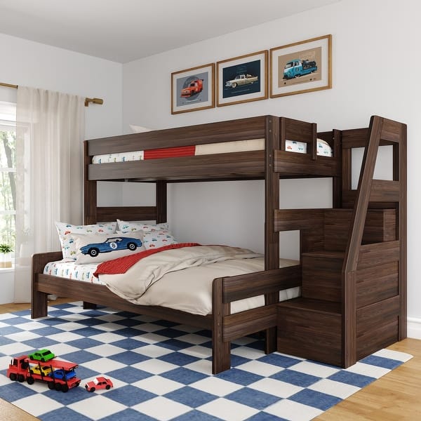 slide 2 of 28, Max and Lily Modern Farmhouse Twin XL Over Queen Bunk Bed With Staircase Barnwood Brown