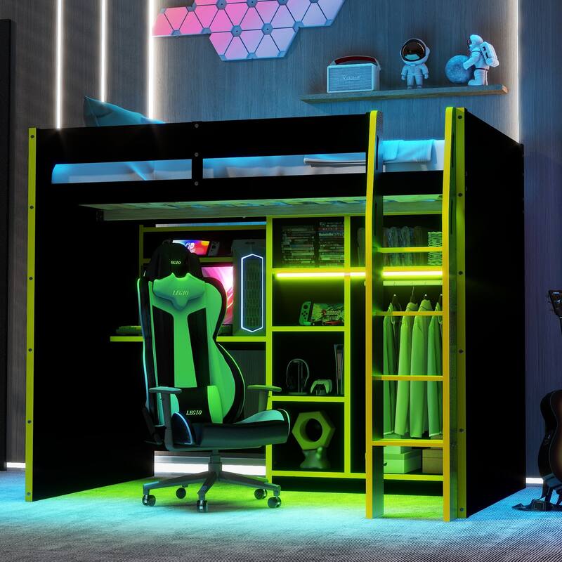 Full-Size Modern Gaming Wooden Loft Bed with RGB Lighting, Desk & Open Storage by Harper&Bright Designs