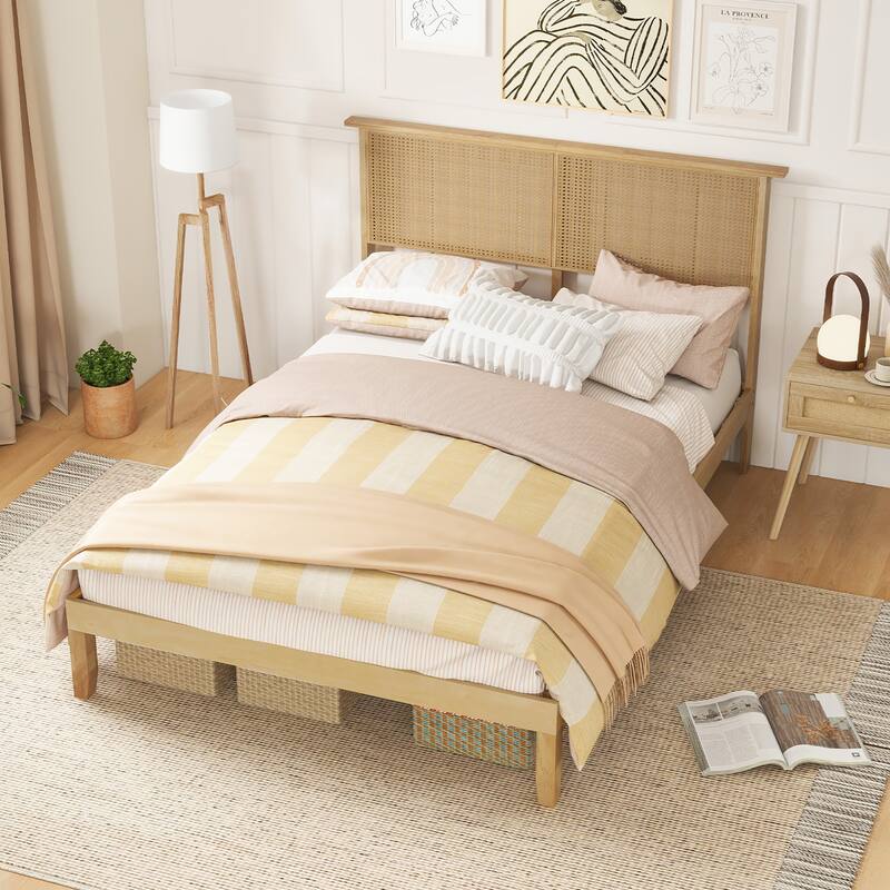 Gymax Twin/Full/Queen Size Bed Frame w/ Rattan Headboard 10 Solid Wood