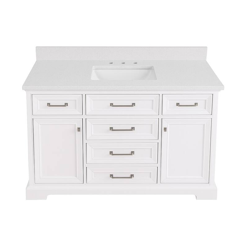 48" inch Freestanding Bathroom Vanity with Ice White Quartz Counter Top Ceramic Rectangular Sink - White