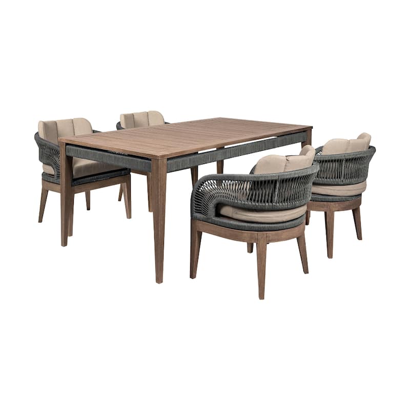 Kimi 5 Piece Patio Dining Table and 4 Chairs Set, Brown Wood, Gray Rope, Taupe Olefin