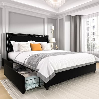 Modern Upholstered Bed Frame with 4 Storage Drawers, Platform Fabric Bed with Button Tufted Headboard