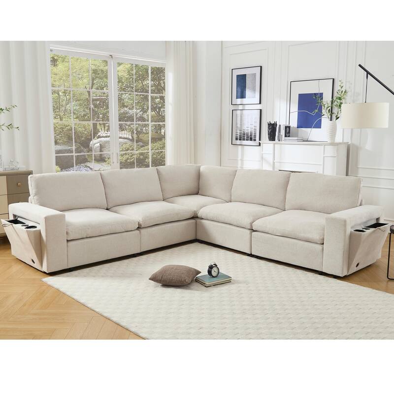 141.5" Linen Modular L-Shaped Sectional Sofa with Charging