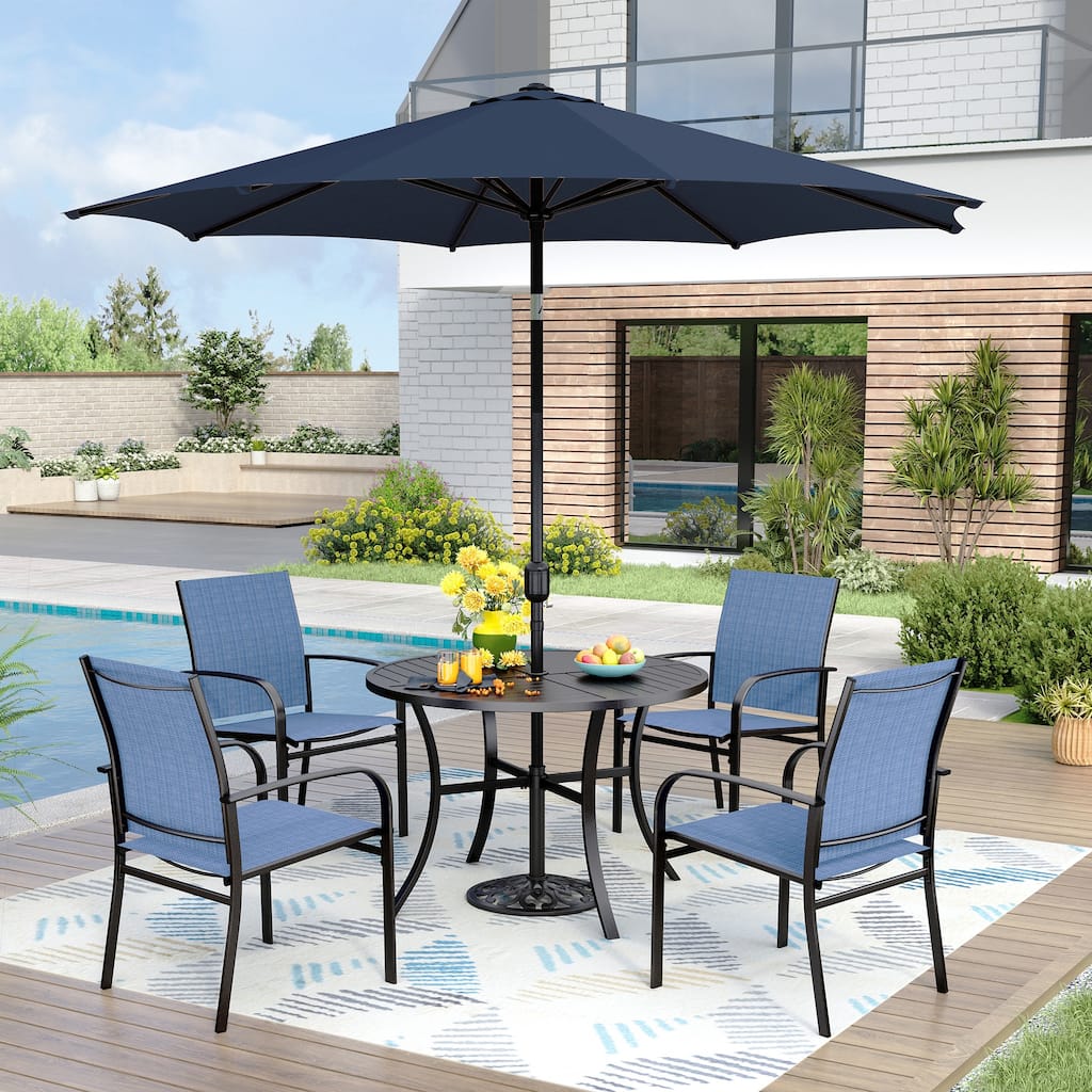 MAISON ARTS 6-Piece Patio Dining Set, Geometrically Stamped Round Table and 4 Textilene Dining Chairs with 9ft Patio Umbrella