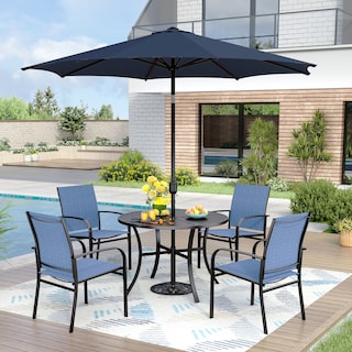 MAISON ARTS 6-Piece Patio Dining Set, Geometrically Stamped Round Table and 4 Textilene Dining Chairs with 9ft Patio Umbrella